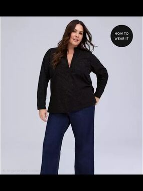 torrid Black Eyelet V-Neck Long Sleeve Blouse